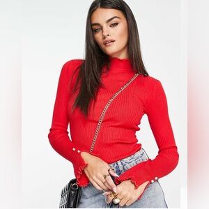 RIVER ISLAND Red Ribbed Long Sleeve Top